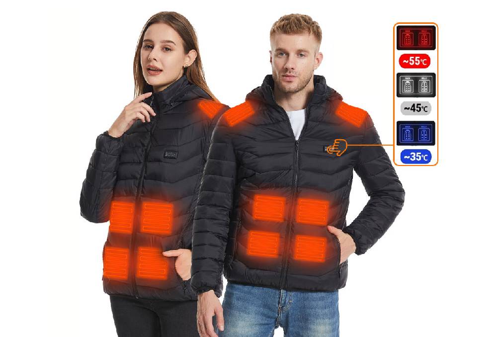un homme et une femme portant chacun une veste chauffante